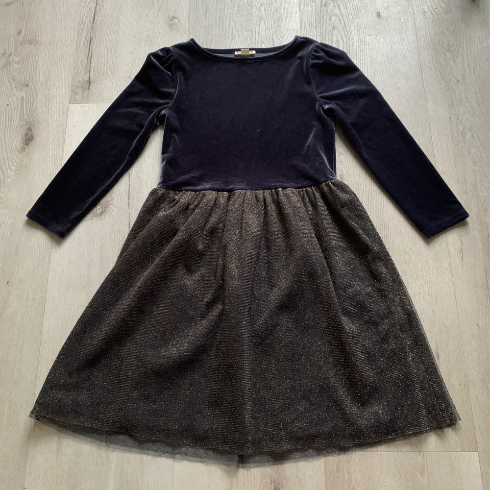 Crewcuts Girls Navy Blue Velvet Gold Metallic Skirt Holiday Dress Size 10